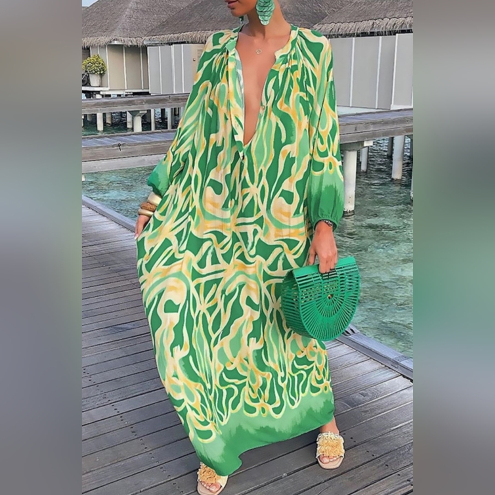 Green Abstract Button Chest Oversized Long Sleeve Dress Lightweight Colorful - Picture 3 of 10